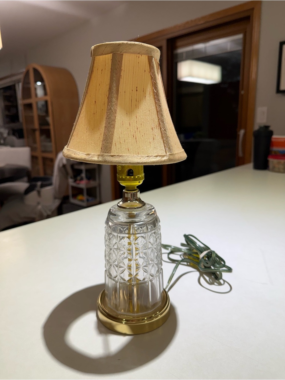 Vintage Pressed Cut Glass & Gold Small Accent Table Lamps Cream Shades